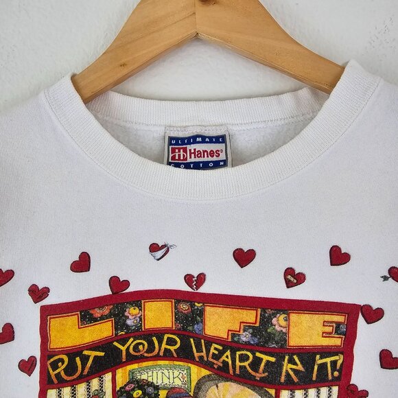 VTG 90s Hanes Sz M Mary Engelbreit Put Your Heart In It Sweatshirt Valentine Luv - Picture 7 of 13